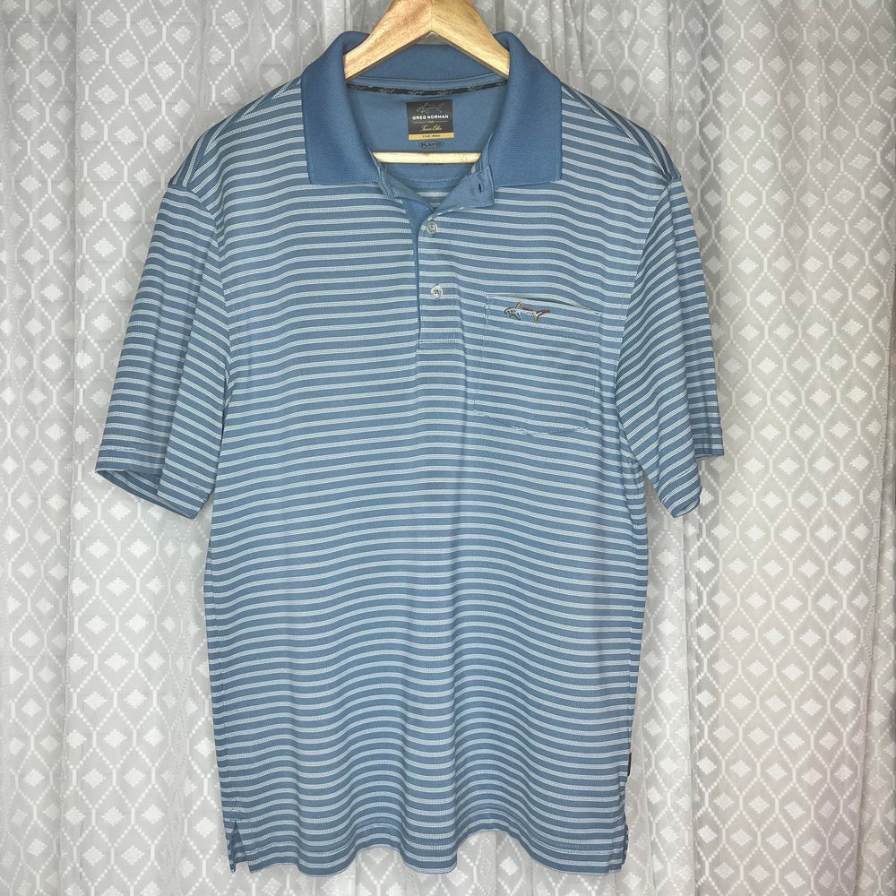 Greg Norman Five Iron Golf Polo‎ Shirt Striped Performance Play Dry Blue White M